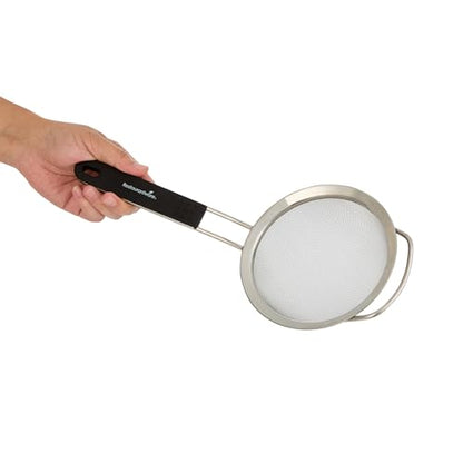 Restaurantware Fine Mesh Strainer 1 Count 12.6" x 5.5" x 2.3" with Silicone Handle Stainless Steel Extra Fine Mesh Strainer Heat-Resistant Handle Dishwasher-Safe for Rice, Quinoa, Pasta - size: Standard, Extra Fine Mesh-5 1/2"