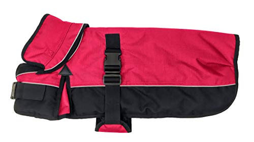 Derby Originals Ruff Pup 1200D Ripstop Waterproof Reflective Winter Dog Coat with Neck Cover and Harness Compatible Opening 220G - color: Red/Black, size: 22"