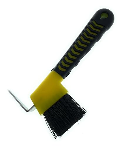 Horse Hoof Pick with Brush - Non-Slip Ergonomic Handle, Heavy-Duty Steel Pick & Stiff Bristles - Removes Dirt, Mud & Rocks - Horse Grooming Tool for Daily Hoof Care (Yellow) | Steel pick, stiff bristles and non-slip ergonomic handle for removing packed mu