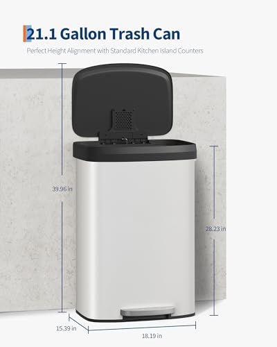 Garvee 21 gal / 80 L Metal Trash Can with Lid, Large Garbage Can for Kitchen, Rustproof Step-on Kitchen Metal Trash Bin with Liner Rim, Rear Handle, Soft Close Plastic Lid, White - color: White, size: 21.1 Gallons