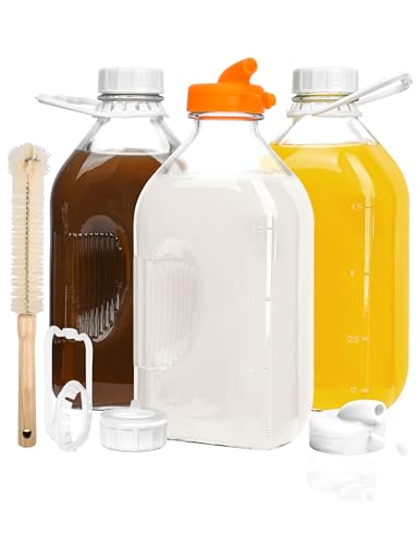 KMIGRUAN 64oz Glass Milk Bottle with Lid, 3 Pack 2 Qt Glass Milk Jugs | Heavy Duty Glass Milk Pitchers With Silicone Spout, Handles, Airtight Lids and Dual Scale Lines, Milk Container for Fridge - style: 3Pack