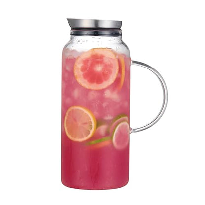 Purefold 68 Ounces Glass Pitcher with Lid, Hot/Cold Water jug for Coffee | Coffee, lemonade, iced tea, juice pitcher. Leakproof stainless steel lid, dishwasher safe. BPA free borosilicate glass. - size: 68 Ounces
