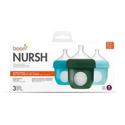 Boon Nursh Bottles - Silicone Baby Bottles Help Ease Colic Symptoms - Formula and Breast Milk Only Touch Food-Grade Silicone - Slow Flow - Blue - 4 Ounce - color: Blue, size: 4 Ounce (3 Count)
