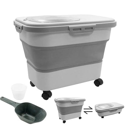 20-30 Lbs Grey Collapsible Airtight Rice Pet Food Storage Container | With Rolling Wheels Lock Lid Scoop Cup, Large Bin for Rice Flour Pet Food Home Storage