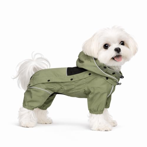 LOVELONGLONG Fleece-Lined Dog Raincoat with Removable Hood – Waterproof Winter Full Body Dog Jacket – Windproof Snowproof Cold-Weather Suit – Green-F XXS - color: Sage Green Fleeced, size: XXS (Back 9")