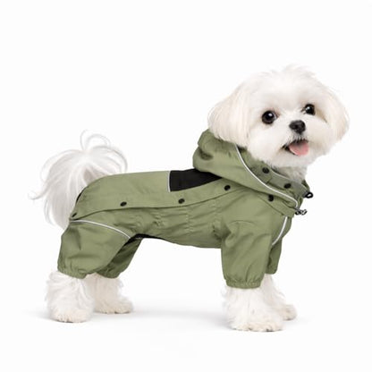 LOVELONGLONG Fleece-Lined Dog Raincoat with Removable Hood – Waterproof Winter Full Body Dog Jacket – Windproof Snowproof Cold-Weather Suit – Green-F XXS - color: Sage Green Fleeced, size: XXS (Back 9")