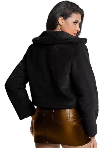 Women's Cropped Faux Fur Jacket with Hidden Pockets and Buttons Plush Shawl Collar Cardigan Sexy Coat - color: Black, size: Small