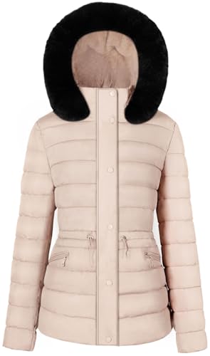 BodiLove Women's Fur Hooded Thickened Jacket with Fleece Lining - color: Beige-w/ Velvet Fur Trim, size: Medium