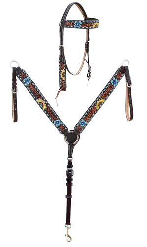 CHALLENGER Horse Western Leather Tooled Headstall Bridle Breast Collar Tack Set 78HRBrowbandSet - color: Brown Leather, Turquoise Sunflower