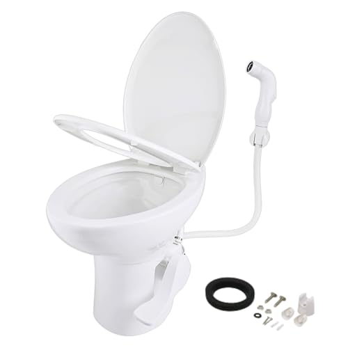 SEAFLO Porcelain RV Toilet with Sprayer Attachment - Elongated Bowl 19” Inch Residential Height, Gravity Flush, Foot Pedal Soft Close Seat Camper Motorhome Easy Install 4 -year Warranty SFRTCH-02-02 - color: White (Ceramic Bowl with Sprayer)