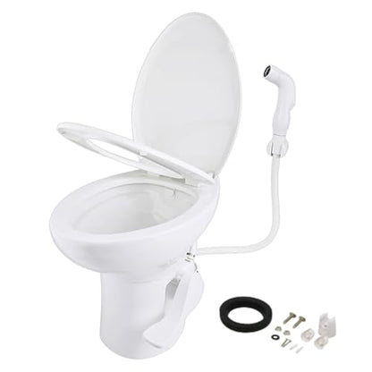 SEAFLO Porcelain RV Toilet with Sprayer Attachment - Elongated Bowl 19” Inch Residential Height, Gravity Flush, Foot Pedal Soft Close Seat Camper Motorhome Easy Install 4 -year Warranty SFRTCH-02-02 - color: White (Ceramic Bowl with Sprayer)