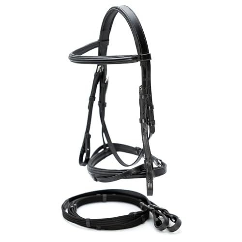 Jeffers Uniquely English Leather Horse Bridle with Reins, Padded Crown, Adjustable Noseband, English Bridle Tack for Hunter, Jumping, Dressage, Riding - size: Oversize