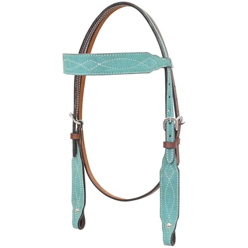 CIRCLE Y Marfa Lights Suede Browband Headstall | Double Ply Western Headstall with Suede Overlay, White Stitching & Stainless Steel Hardware | 35"- 43" Adjustable Fit - color: Teal