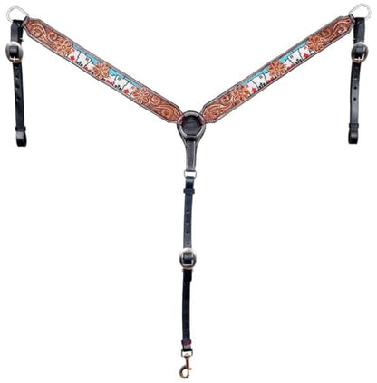 CHALLENGER Horse Western Leather Tooled Headstall Bridle Breast Collar Tack Set 78HRBrowbandSet - color: Aces Beaded