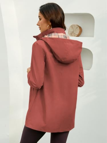 Womens Long Hooded Rain Jacket Waterproof Outdoor Hiking Raincoat Windbreaker Lightweight Trench Coat - color: Brick-red, size: Small