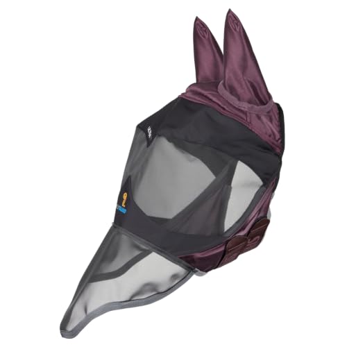 Shires Flyguard Pro Deluxe Horse Fly Mask with Ears & Nose - UV Protection & Fine Mesh Black Cherry/Cob - color: Black Cherry, size: Cob