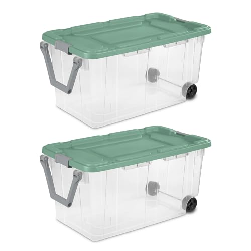 Extra Large Wheeled Storage Bin, 160 Quart (2 Pack) - Durable Clear Storage Container with Secure Latch Lid & Easy Pull Handle, Light Green