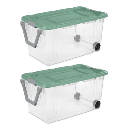 Extra Large Wheeled Storage Bin, 160 Quart (2 Pack) - Durable Clear Storage Container with Secure Latch Lid & Easy Pull Handle, Light Green