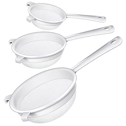 Skyley 3 Pcs Plastic Nylon Mesh Kefir Fine Strainer Set, 3 In, 4 In, 5.5 In | Plastic Flour Colander with Handle Nylon Kefir Food Strainers Flour Sifter for Baking Kitchen Tea Juice Pasta - size: 3 Inch, 4 Inch, 5.5 Inch