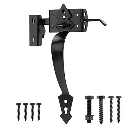 Thumb Gate Latch Hardware for Wooden Fence Heavy Duty, Self Closing Door Latches with 8" Decorative Handle, Gate Lock Kit for Outdoor Garden, Pool, Metal Gate, Vinyl Fence, Steel, Black Finish
