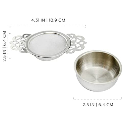 SOLSTICE TEA TRADERS Empress Tea Strainers with Drip Bowls (Pack of 2) Elegant Stainless Steel Loose Leaf Tea Strainers