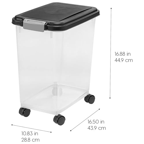 IRIS USA Airtight Pet Food Storage Rolling Container, 30 lb Capacity, Black | Airtight seal keeps kibble, bird seed, and pet food fresh while wheels provide easy mobility around the home. - color: Black, size: 30 lbs
