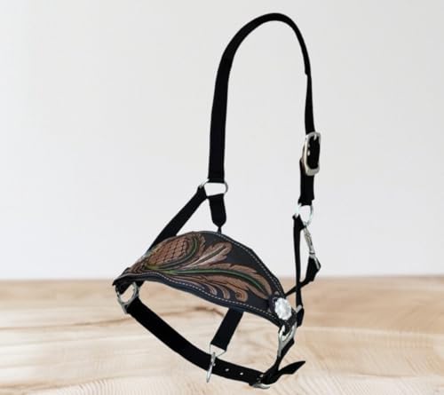 Majestic Ally Equestrian Designer Bronc Halter for Horses, Hand-Tooled Leather Nose, Padded Nylon Crown and Noseband - style: Leaves and Flowers