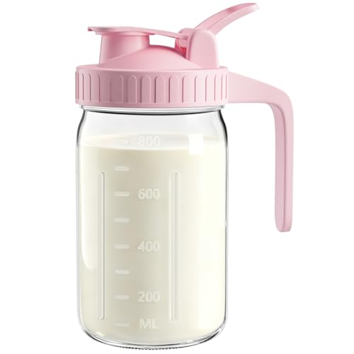 32oz Mason Jar Pitcher, Glass Breast Milk Pitcher with Lid - color: Pink, size: 32 Ounces