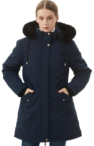 MOERDENG Women's Long Winter Down Coat Thicken Fleece Lined Puffer Jacket | Faux Fur Detachable Hood Parka Warm,Waterproof and Windproof Overcoat - color: Navy, size: Medium