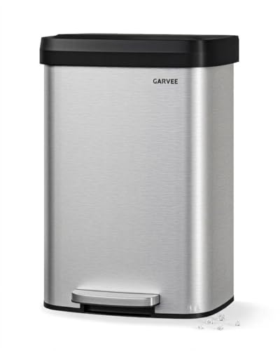 Garvee 13 gal / 50 L Stainless Steel Trash Can with Lid, Large Garbage Can for Kitchen, Rustproof Step-on Kitchen Metal Trash Bin with Liner Rim, Rear Handle, Soft Close Plastic Lid, Silver - color: Silver, size: 13.2 Gallons