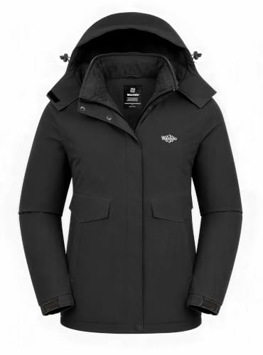 wantdo Women's Waterproof Ski Jacket Warm Fleece Lined Snow Winter Coat | 10000mm Waterproof Snowboard Jacket for Skiing, Hiking, Commute, Removable Hood, 6 Pocket, Windproof Warm -10°F to 50°F - color: Black, size: Medium