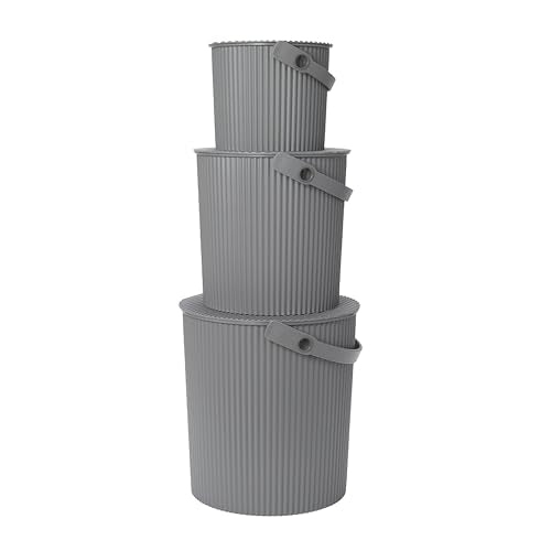 Hachiman Bucket Set of 3 Mini, Large, & Extra Large | Heavy Duty Buckets with Lid and Handle, Hands-Free Filling, Easy to Stack and Store, Indoor Outdoor Use, Grey - color: New Grey, size: Set of 3