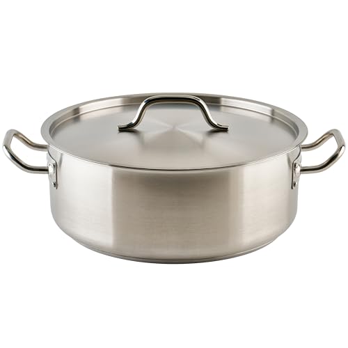 Winco 15 qt Stainless Steel Brazier Pan with Lid | Flat bottom, Wide base, Riveted handles, Induction safe, Great for Braising, Simmering, Batch Cooking and Restaurant Kitchens - size: 15 Quarts