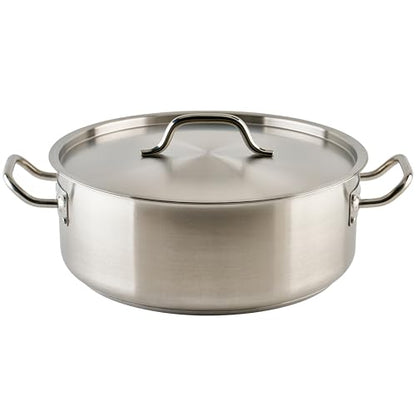 Winco 15 qt Stainless Steel Brazier Pan with Lid | Flat bottom, Wide base, Riveted handles, Induction safe, Great for Braising, Simmering, Batch Cooking and Restaurant Kitchens - size: 15 Quarts