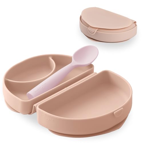 Miniware Fold & Scoop Baby Feeding Set - Silicone Travel Baby Plate With Suction & Baby Spoon - Compact, Portable, Dishwasher-Safe, Suction Base for Mess-Free Eating (Pink Salt and Cotton Candy) - color: Pinksalt & Cotton Candy