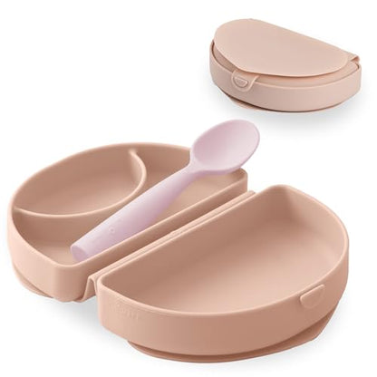 Miniware Fold & Scoop Baby Feeding Set - Silicone Travel Baby Plate With Suction & Baby Spoon - Compact, Portable, Dishwasher-Safe, Suction Base for Mess-Free Eating (Pink Salt and Cotton Candy) - color: Pinksalt & Cotton Candy