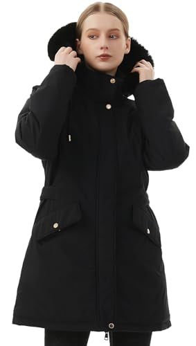 MOERDENG Women's Long Winter Down Coat Thicken Fleece Lined Puffer Jacket | Faux Fur Detachable Hood Parka Warm,Waterproof and Windproof Overcoat - color: Black, size: Large