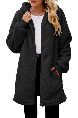ReachMe Womens Fleece Zip Up Jacket with Pockets Oversized Long Sherpa Hoodie Fuzzy Jackets Warm Teddy Coat - color: 01 Black, size: Medium