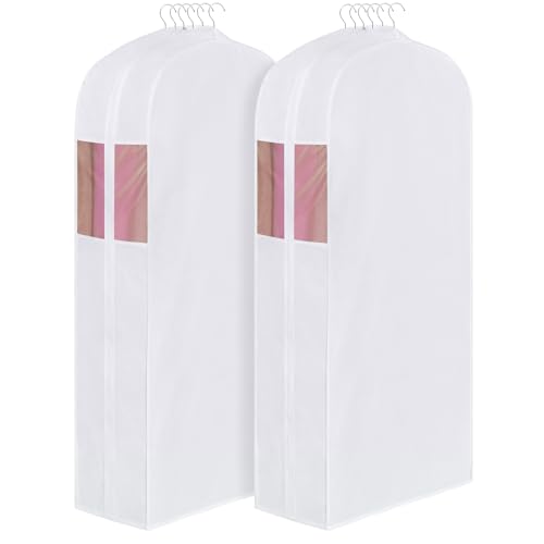 Univivi 60 Inch Cotton Garment Bags for Hanging Clothes 2 Pack, White | Breathable Cotton Fabric, Strong Zipper, Organza Window, 10in Wide Gusset Fits 6 Hangers, Perfect for Long Dress, Coats - size: 60 Inch - 2 Pack
