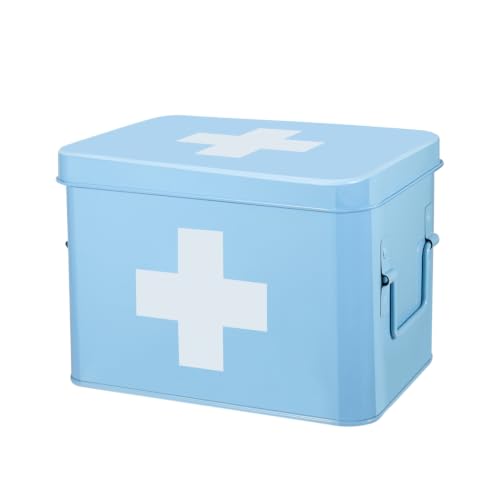 Flexzion Large Metal First Aid Box Empty, 8.5-Inch, Blue with White Cross - color: Blue, size: 8.5 Inch without Latch Lock