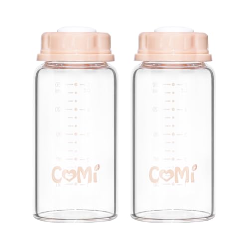 COMI Natural Glass Baby Bottle,Standard Neck Breastmilk Storage Bottle for Fridge,Breast Milk Container,Breast Pump Bottle Compatible with Medela Breast Pump,BPA Free,2PCS (5oz,2 Pink Lids) - style: 2Pink