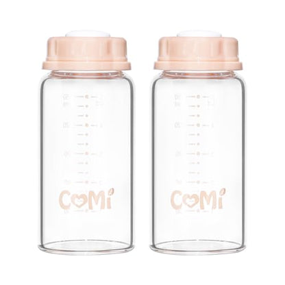 COMI Natural Glass Baby Bottle,Standard Neck Breastmilk Storage Bottle for Fridge,Breast Milk Container,Breast Pump Bottle Compatible with Medela Breast Pump,BPA Free,2PCS (5oz,2 Pink Lids) - style: 2Pink
