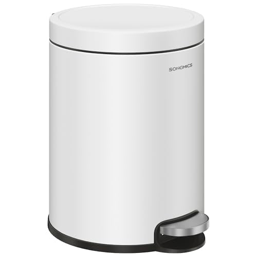 SONGMICS Bathroom Trash Can, Soft-Close, 1.6 Gallon (6 L), Stainless Steel - color: Cloud White