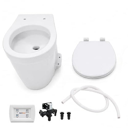 SEAFLO Deluxe Flush Freshwater Electric Marine Toilet - Fresh Water Rinse, 12V, w/ 4-way Flush Panel, Smart Flushing System, Ceramic Bowl, Soft Close Seat, Quiet Flush, Macerator Pump, 4 Year Warranty - style: 12V Deluxe Flush - Fresh Water Rinse - Soleno