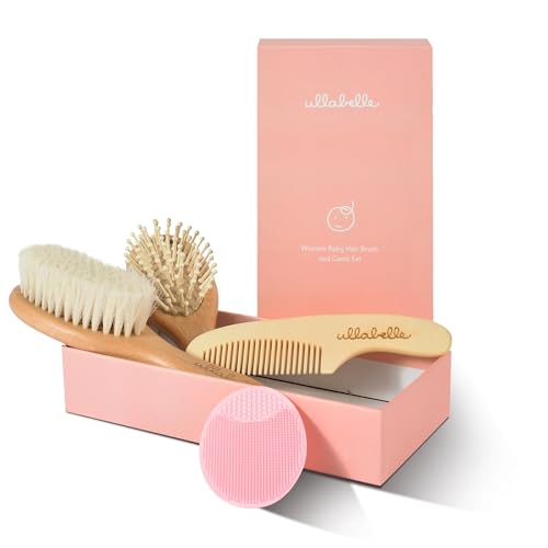 Ullabelle 4 Piece Wooden Baby Hair Brush and Comb Set for Newborns & Toddlers in Chic Gift Box - Ultra Soft Natural Goat Hair and Wood Baby Brush Set Prevents Cradle Cap - Perfect Registry Gift (Pink) - color: Pink