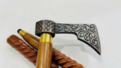 Handmade Solid Brass Head Handle Vintage Style Antique Wooden Walking Stick Cane Gift (3 Fold Wooden Walking Cane) - style: Axe walking handle stick
