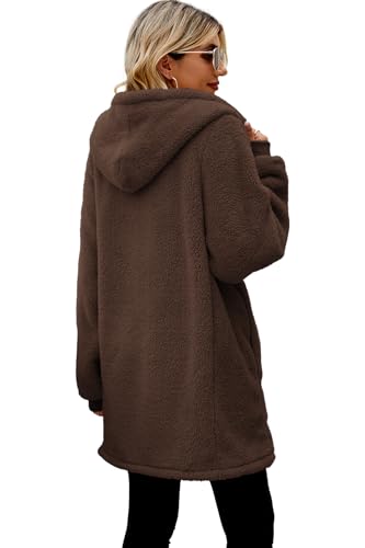 ReachMe Womens Fleece Zip Up Jacket with Pockets Oversized Long Sherpa Hoodie Fuzzy Jackets Warm Teddy Coat - color: 01 Chocolate Brown, size: Small