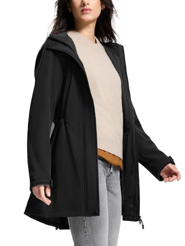SaphiRose Women's Waterproof Rain Jacket with Fleece Lining Hooded Windbreaker Long Warm Outdoor Softshell Coat - color: Black, size: Medium