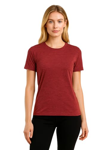 SHEEP RUN 100% Merino Wool T Shirt for Women Breathable Wicking Casual Travel Base Layer Shirt - color: Carmine, size: Small