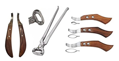 Hoof Nipper 14" and Farrier Hoof De Knives & Loop Knives Hoof Knife Set – Professional Farrier Hoof Trimming Kit for Horses, Sharp Carbon Steel Blades & Ergonomic Wooden Handles